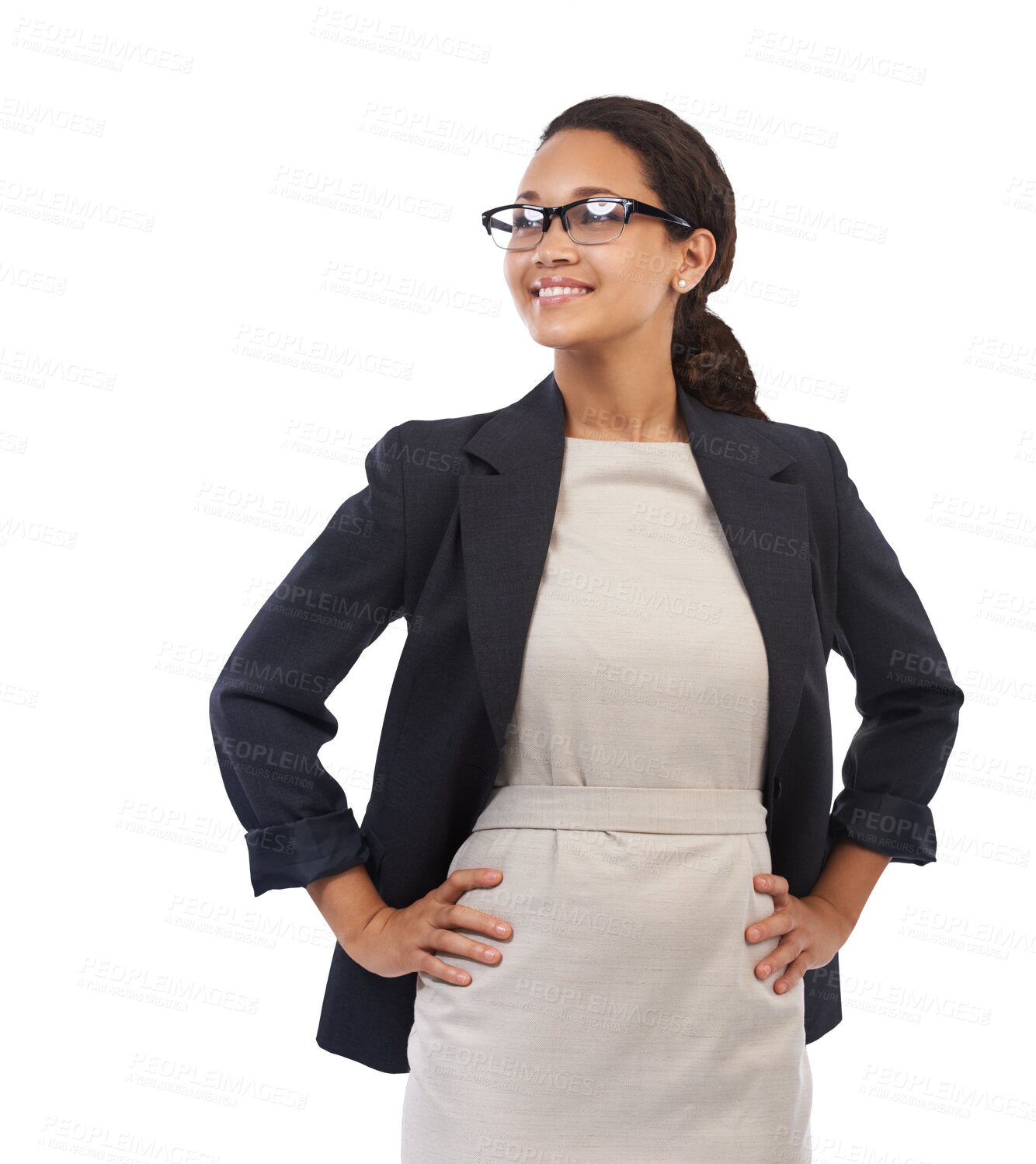 Buy stock photo Corporate, thinking and proud business woman on isolated, png and transparent background. Professional, happy and vision for future of female entrepreneur smile with confidence, empowerment and pride