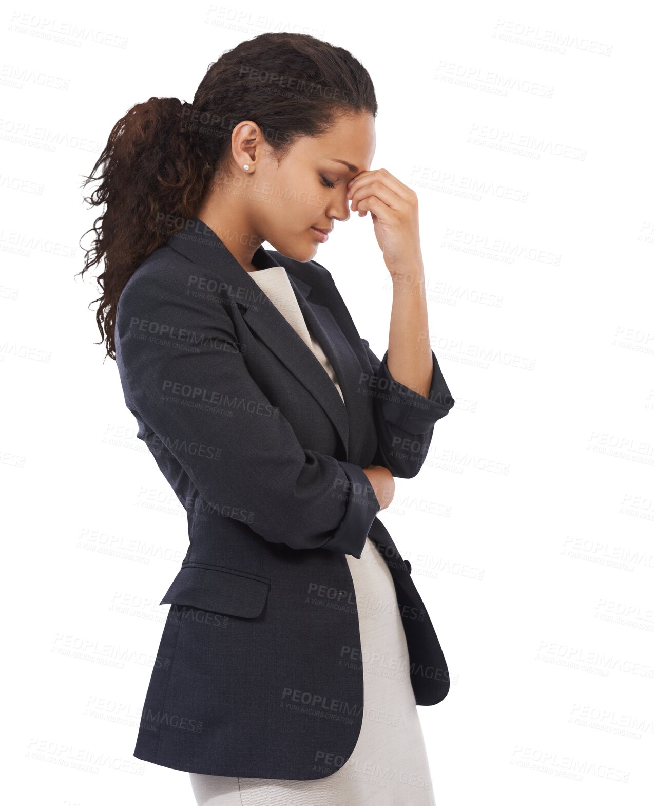 Buy stock photo Business woman with headache, stress and problem with corporate burnout isolated on transparent or png background. Professional female with migraine, frustrated and crisis at work with mental health