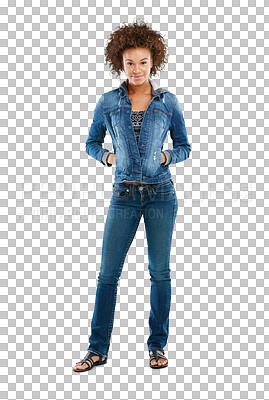 Buy stock photo Portrait, fashion and black woman in denim, smile and confident girl isolated against a transparent studio background. Face, female model and person with trendy clothes, casual outfit and aesthetics