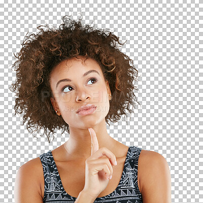 Buy stock photo Idea, thinking and black woman with inspiration, decision and human isolated against a transparent studio background. Female, wonder and person with thoughts, ponder and thoughtful with opportunity