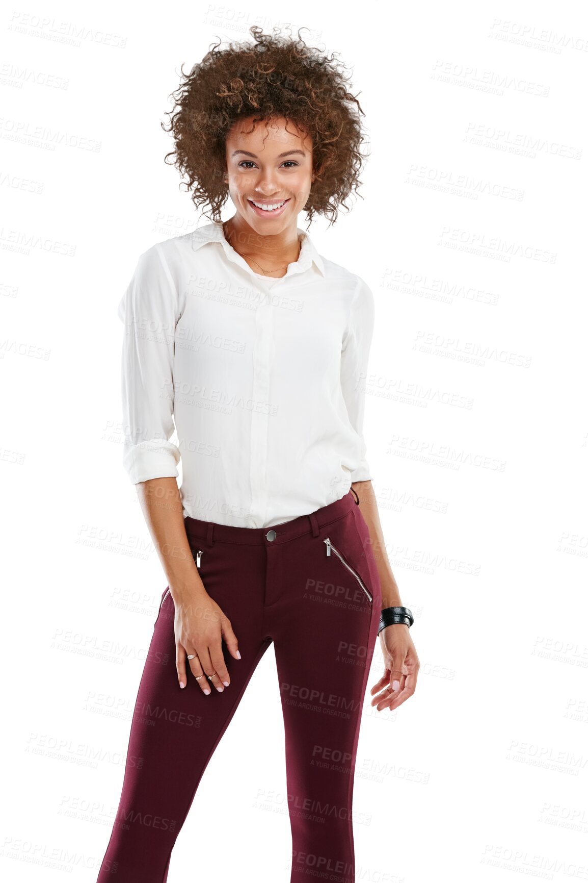 Buy stock photo A Black woman, happy portrait and standing ready happiness lifestyle and success. African girl, confident smile and positive mindset or success motivation in isolated on a transparent png background