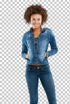 Buy stock photo Fashion, studio and portrait of black woman in denim,  makeup and young, happy and cool female model. Brazil designer, stylish and trendy clothing with smile isolated on a transparent png background