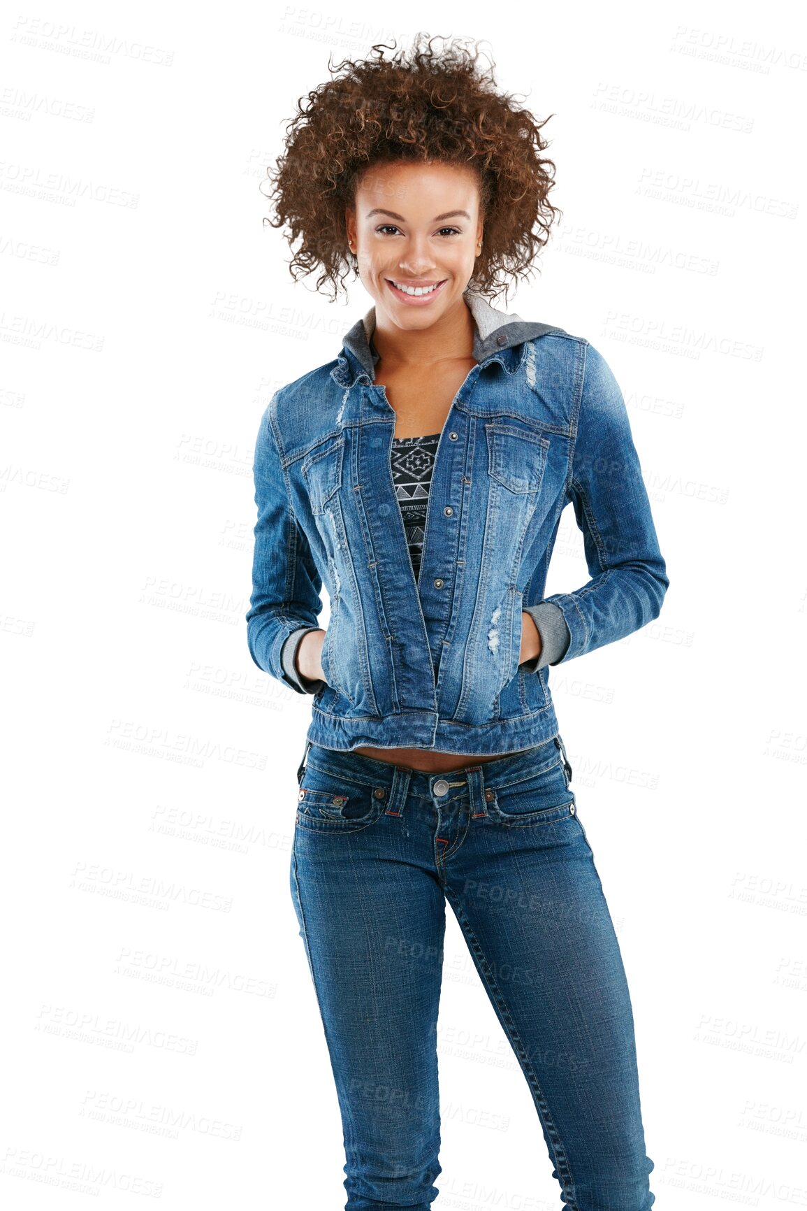 Buy stock photo Fashion, studio and portrait of black woman in denim,  makeup and young, happy and cool female model. Brazil designer, stylish and trendy clothing with smile isolated on a transparent png background