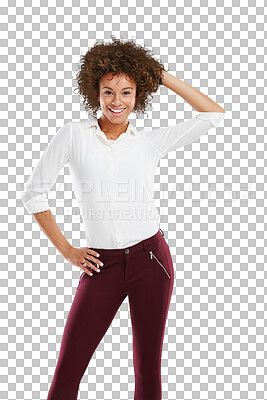 Buy stock photo Portrait, fashion and mock up with a model black woman for advertising. Marketing, branding and style with an attractive young female posing on blank space isolated on a transparent png background