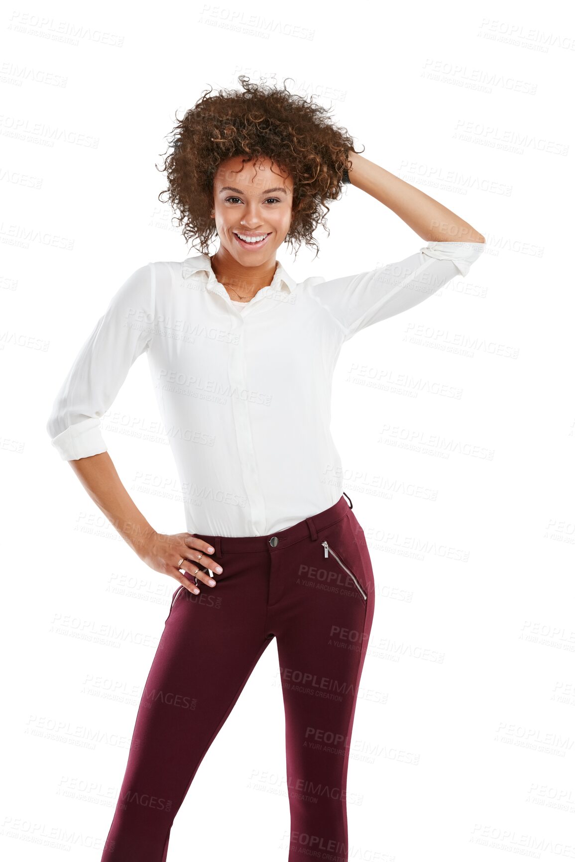 Buy stock photo Portrait, fashion and mock up with a model black woman for advertising. Marketing, branding and style with an attractive young female posing on blank space isolated on a transparent png background