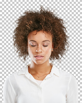 Relax, mindset and black woman in studio for zen, meditation and breathing. Peace, girl and corporate employee meditate for start of work, deep breathing and standing isolated on a png background