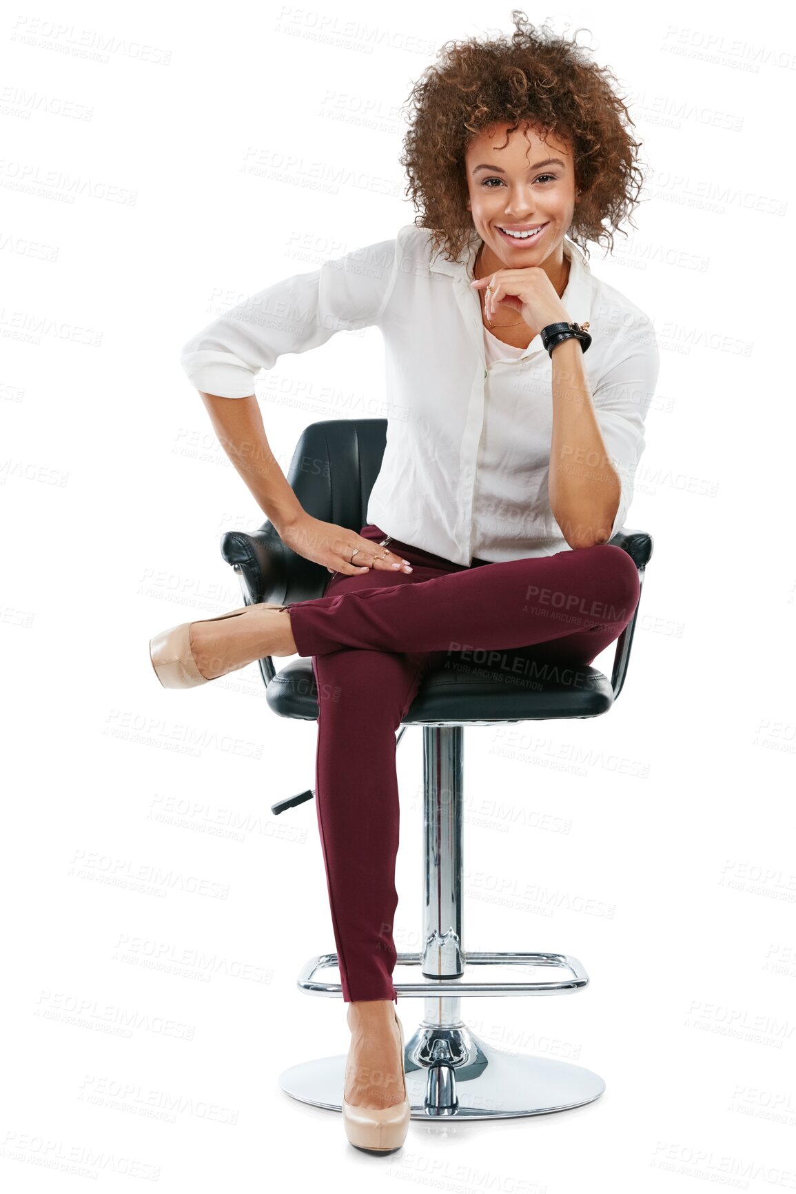 Buy stock photo Portrait, business and black woman on chair, smile and management of girl. Female employee, entrepreneur and leader sitting, happiness and manager for company isolated on a transparent png background