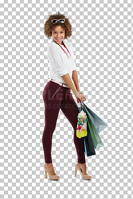 Portrait, black woman and bags for shopping, boutique items and girl. African American female client, lady and customer with expensive clothes and luxury products isolated on a png background