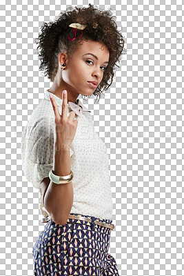 Buy stock photo Fashion portrait, peace sign or cool woman in studio to promote trendy designer brand in summer style. Bow tie, attitude or creative young Brazilian afro girl model on transparent png background