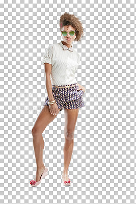 Fashion, designer style and portrait of a black woman in stylish sunglasses . Isolated, cool and beauty of model with hipster clothing in a studio with mock up space alone isolated on a png background