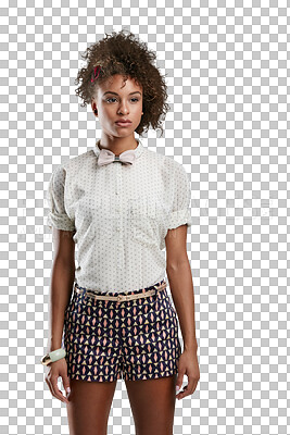 Buy stock photo Fashion, model thinking or black woman in studio to promote trendy designer branding cool style. Contemplating or attractive young Brazilian female with bow tie isolated on transparent png background