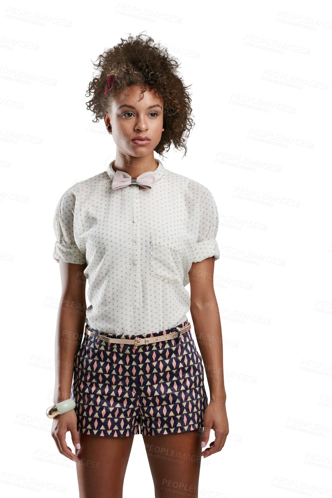 Buy stock photo Fashion, model thinking or black woman in studio to promote trendy designer branding cool style. Contemplating or attractive young Brazilian female with bow tie isolated on transparent png background