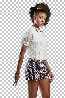 Buy stock photo Portrait, peace sign or black woman with fashion promote trendy designer brand in summer style. Attitude, afro beauty or young Brazilian girl model with bow tie isolated on transparent png background