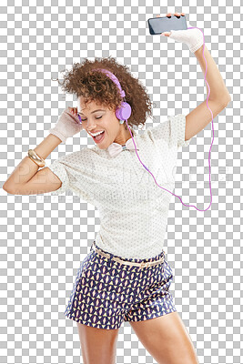 Buy stock photo Mobile, dance or happy woman in headphones for music, radio or audio on transparent png background. Smile, freedom or fashionable Brazilian girl dancer streaming fun online song or dancing isolated