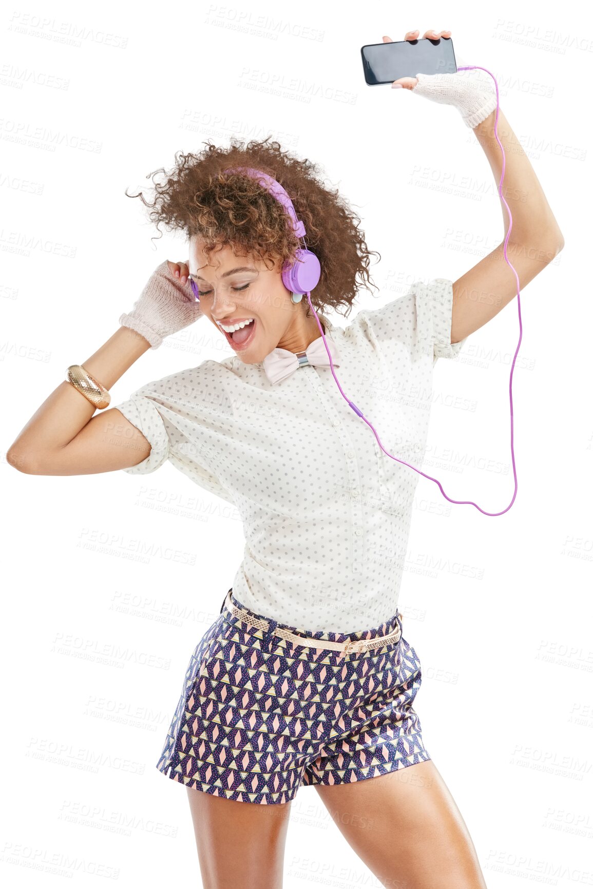 Buy stock photo Mobile, dance or happy woman in headphones for music, radio or audio on transparent png background. Smile, freedom or fashionable Brazilian girl dancer streaming fun online song or dancing isolated