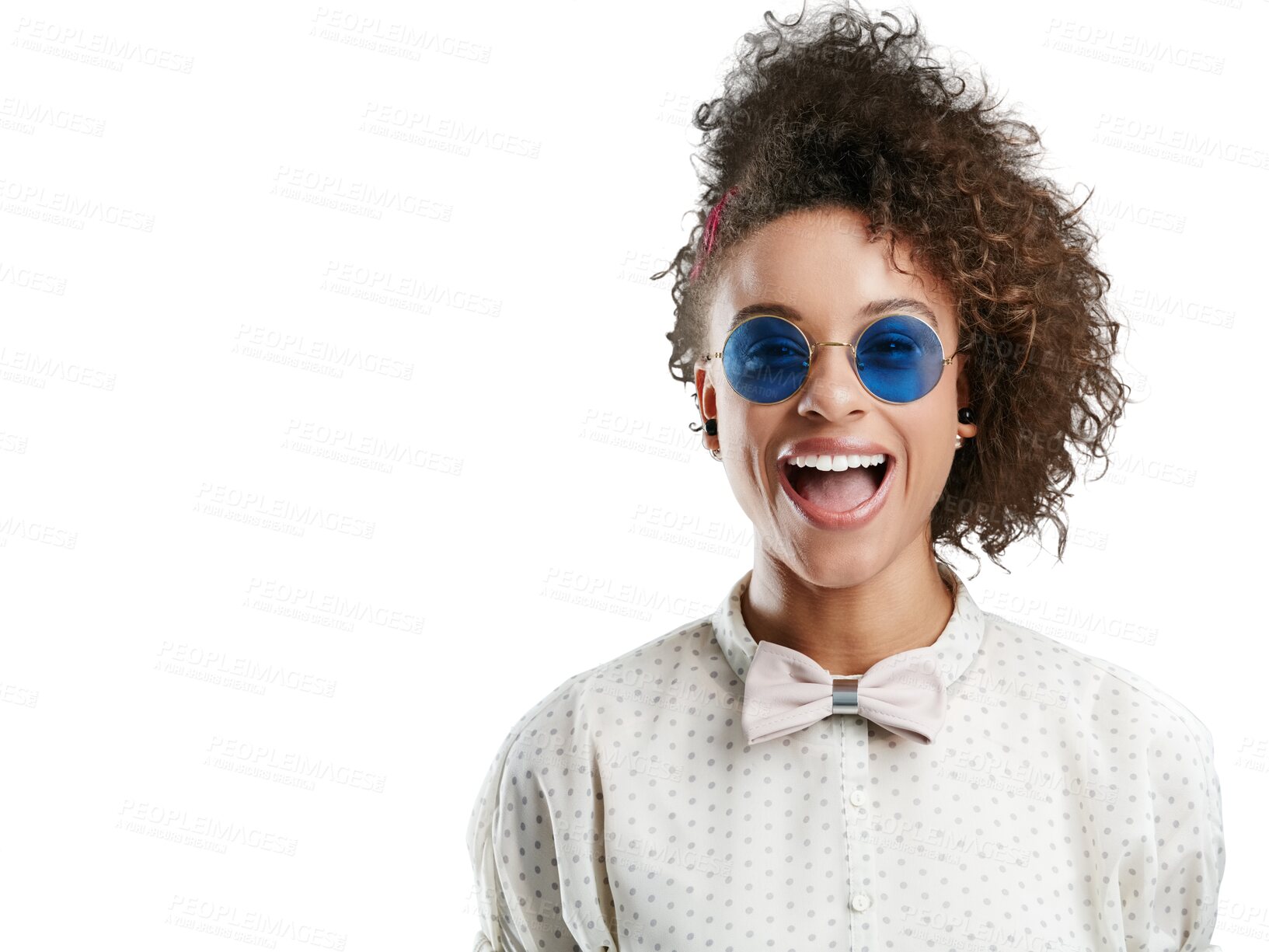 Buy stock photo Fashion portrait, bow tie or happy woman in studio to promote cool trendy designer in summer style. Sunglasses, crazy afro or funny young Brazilian girl model laughing on transparent png background