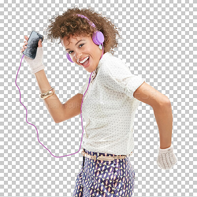 A Black woman, phone and dancing to fun music, podcast or radio. Portrait of isolated happy African American female dancer listening to audio track on isolated on a png background