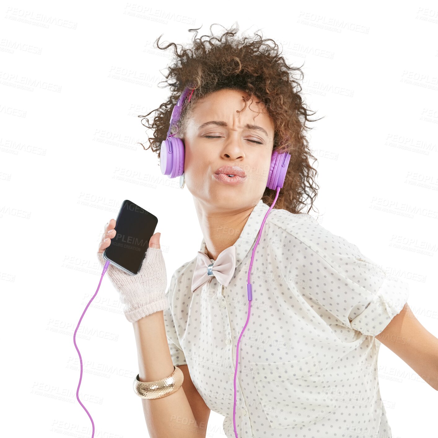 Buy stock photo Mobile, singing or happy woman in headphones for music, radio or audio on transparent png background. Fashion, freedom or Brazilian girl dancer streaming fun online song or dancing isolated in studio