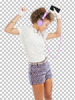 Phone music, dance and black woman listening to song singer, audio podcast or radio sound for energy, relief or fun. Studio profile, dancer girl or retro dancing student isolated on a png background