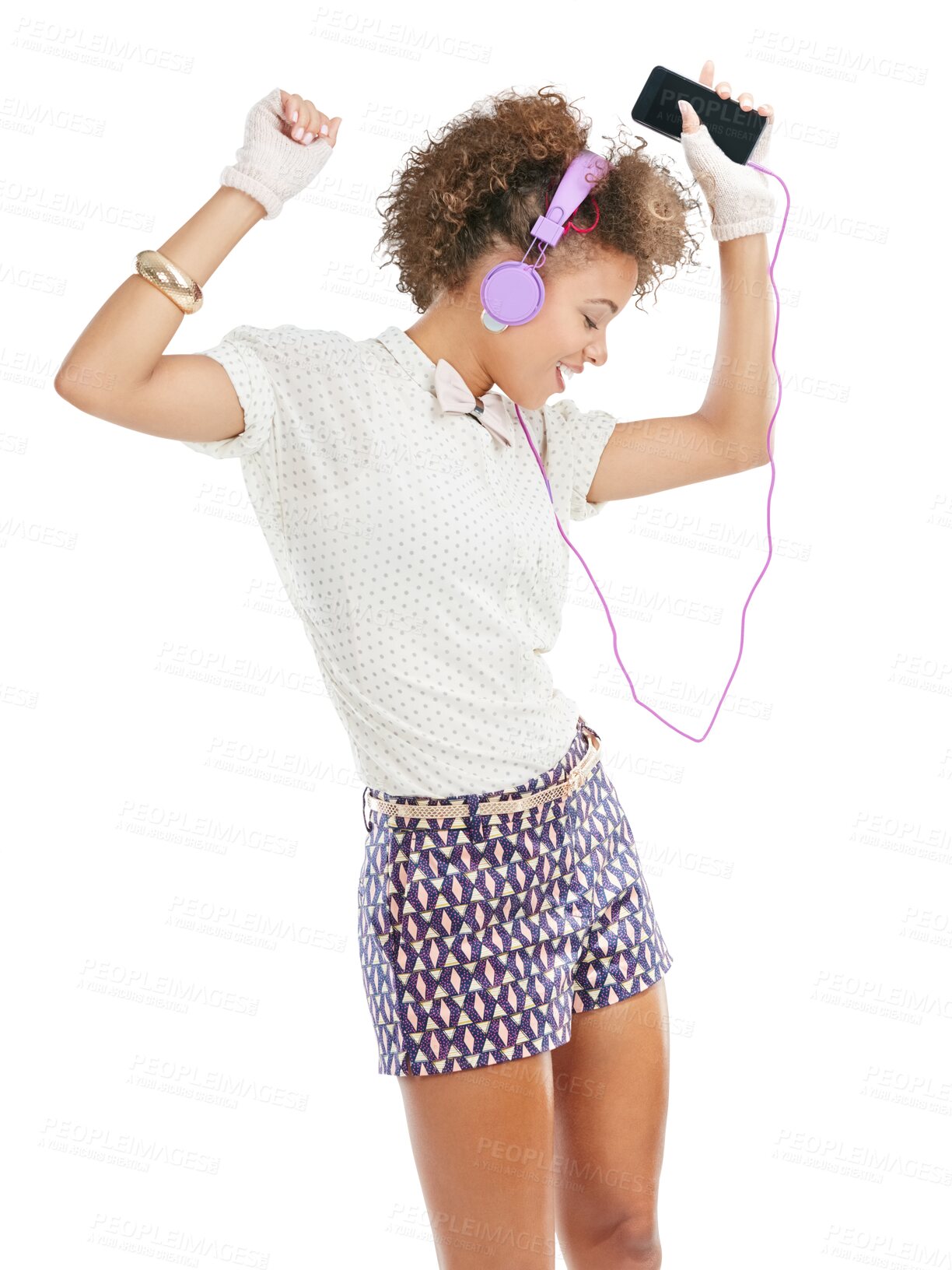 Buy stock photo Mobile, dancing or happy woman in headphones for music, radio or audio on transparent png background. Fashion, freedom or Brazilian girl dancer enjoying or streaming funky online dance song isolated 