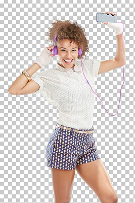 Happy, dancing and woman portrait of a model with music, phone radio and web song. black woman and happiness of isolated person streaming a podcast with headphones and mobile isolated on a png background
