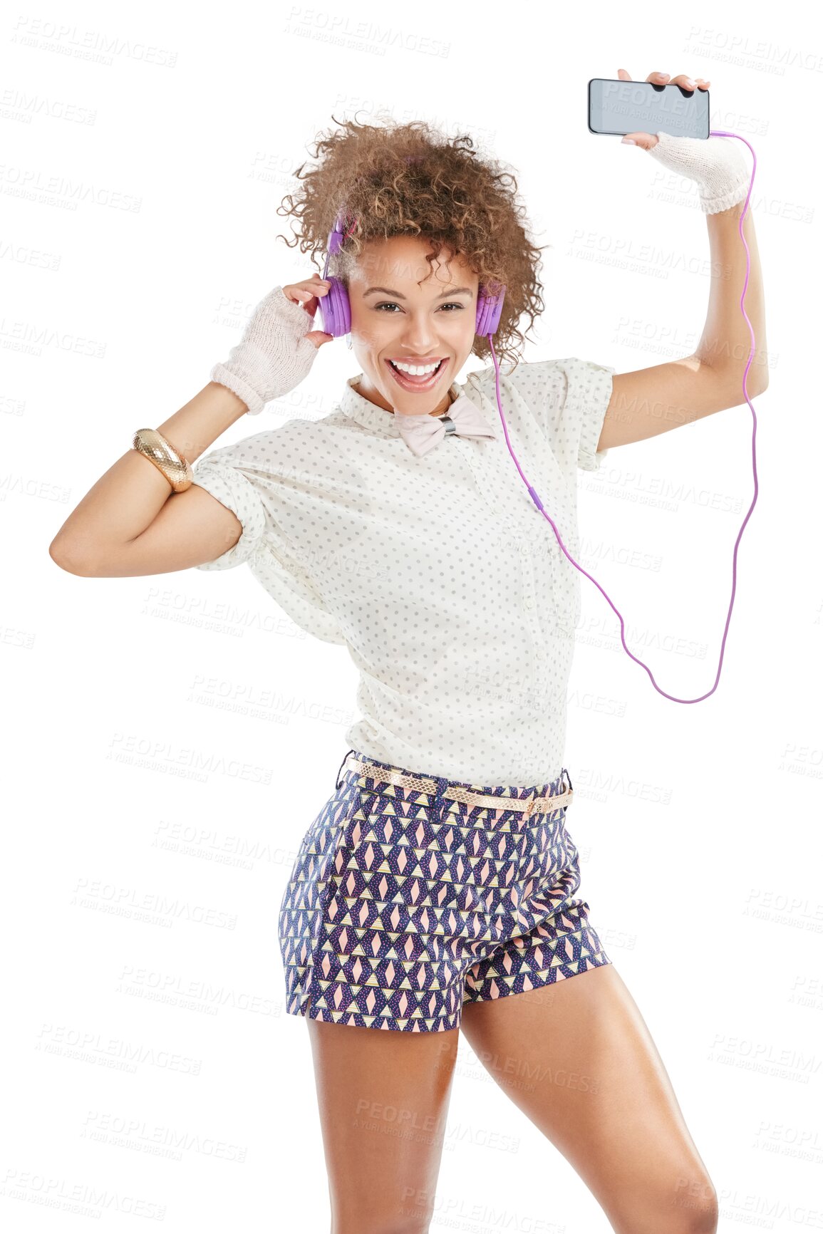 Buy stock photo Mobile, portrait or happy woman in headphones for dance music radio audio on transparent png background. Cool fashion, freedom or Brazilian girl dancer streaming fun online song or dancing isolated 