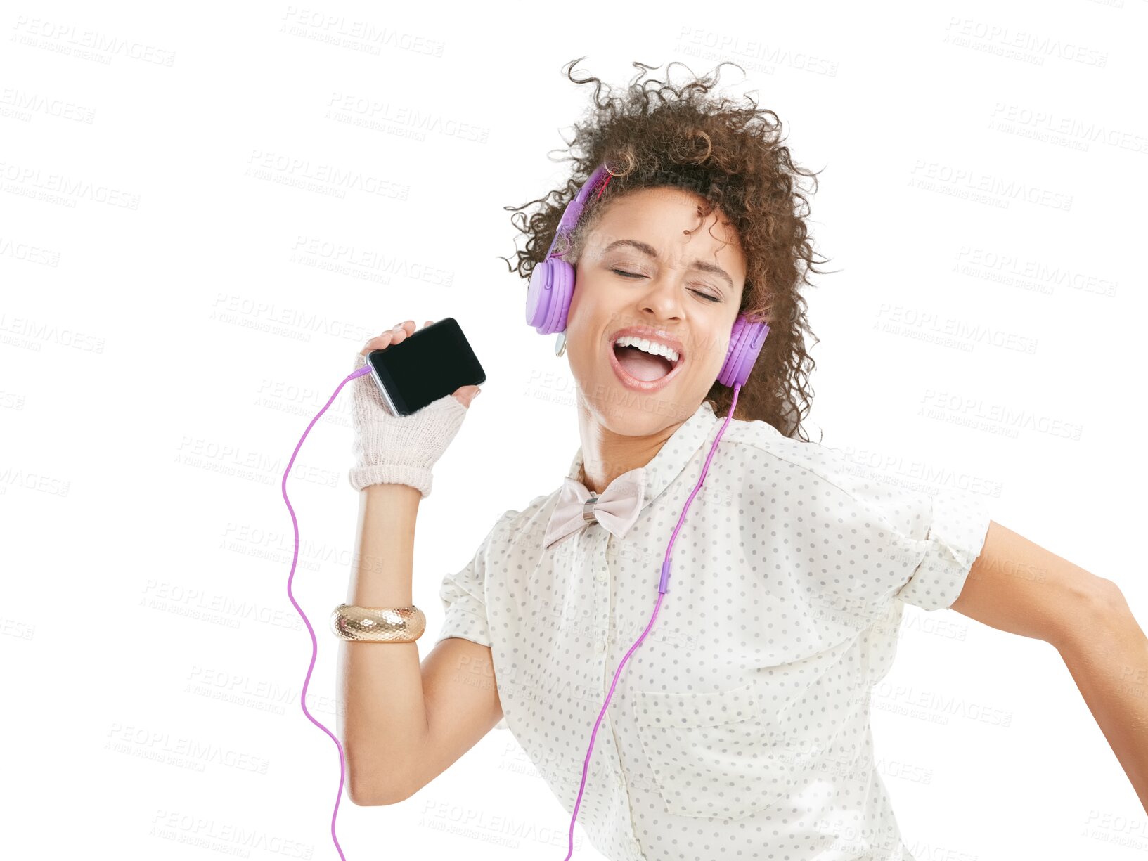 Buy stock photo Mobile, dance or happy woman singing in headphones for music, radio or audio on png background. Cool fashion, freedom or crazy Brazilian girl dancer streaming fun online song or dancing isolated 