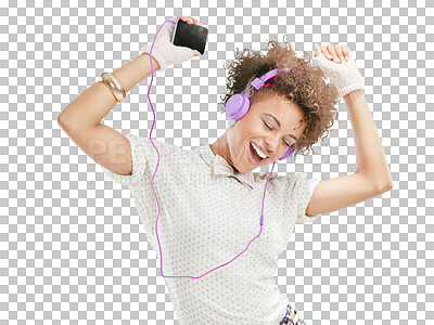 Phone music, dance and singing black woman listening to song, audio podcast or radio sound for energy, relief or fun. Studio singer, dancer girl and retro dancing student isolated on a png background
