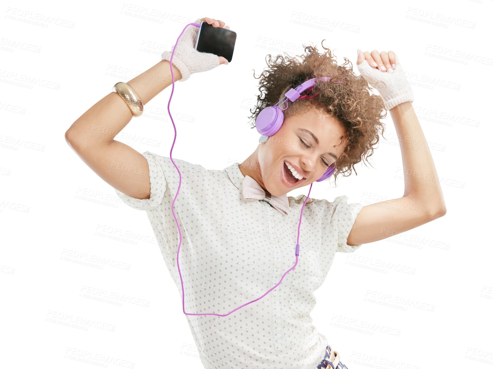 Buy stock photo Mobile, dance or happy girl in headphones for music, radio or audio isolated on transparent png background. Fashion, freedom or excited Brazilian woman listening or streaming online song or dancing