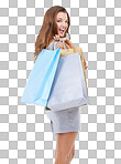 Woman, shopping bags and portrait smile with wink standing. Happy attractive female shopper carrying gifts and smiling in happiness for sale, discount or deal isolated on a png background