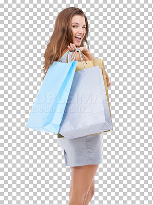 Buy stock photo Woman, shopping bags and portrait smile with wink standing. Happy attractive female shopper carrying gifts and smiling in happiness for sale, discount or deal isolated on a transparent png background