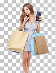 Woman, portrait and shopping bags with finger on lips for secret purchase with wallet standing. Attractive female with hand on lip carrying gifts for sneaky buy isolated on a png background