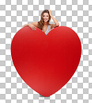 Love, portrait and woman with heart on valentines day with an emoji gift, object or romantic product. Emoji and icon by female happy, smile and symbol for care isolated on a png background