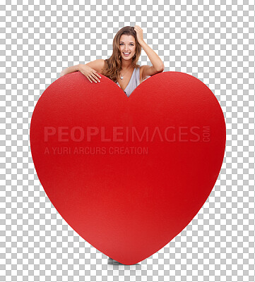 Buy stock photo Love, portrait and woman with heart on valentines day with an emoji gift, object or romantic product. Loving icon by female happy, smile and symbol for care isolated on a transparent png background