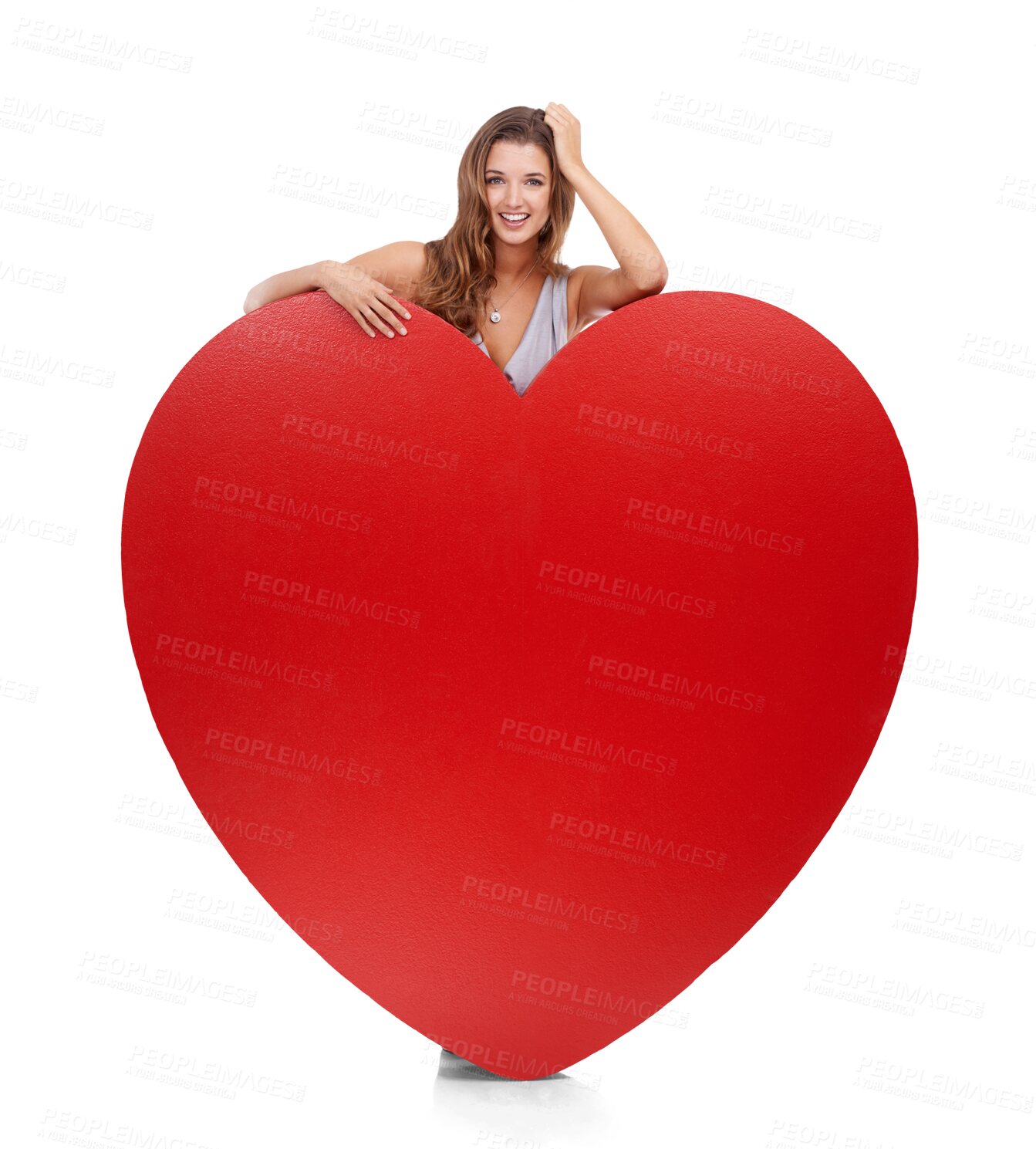 Buy stock photo Love, portrait and woman with heart on valentines day with an emoji gift, object or romantic product. Loving icon by female happy, smile and symbol for care isolated on a transparent png background