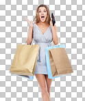 Woman, shopping bags and wallet in wow surprise for prize standing. Happy attractive female shopper carrying gifts with shocked face for sale, discount or deal isolated on a png background