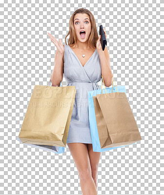 Buy stock photo Woman, shopping bags and wallet in wow surprise for prize standing. Happy attractive female shopper carrying gifts and shocked face for sale, discount or deal isolated on a transparent png background