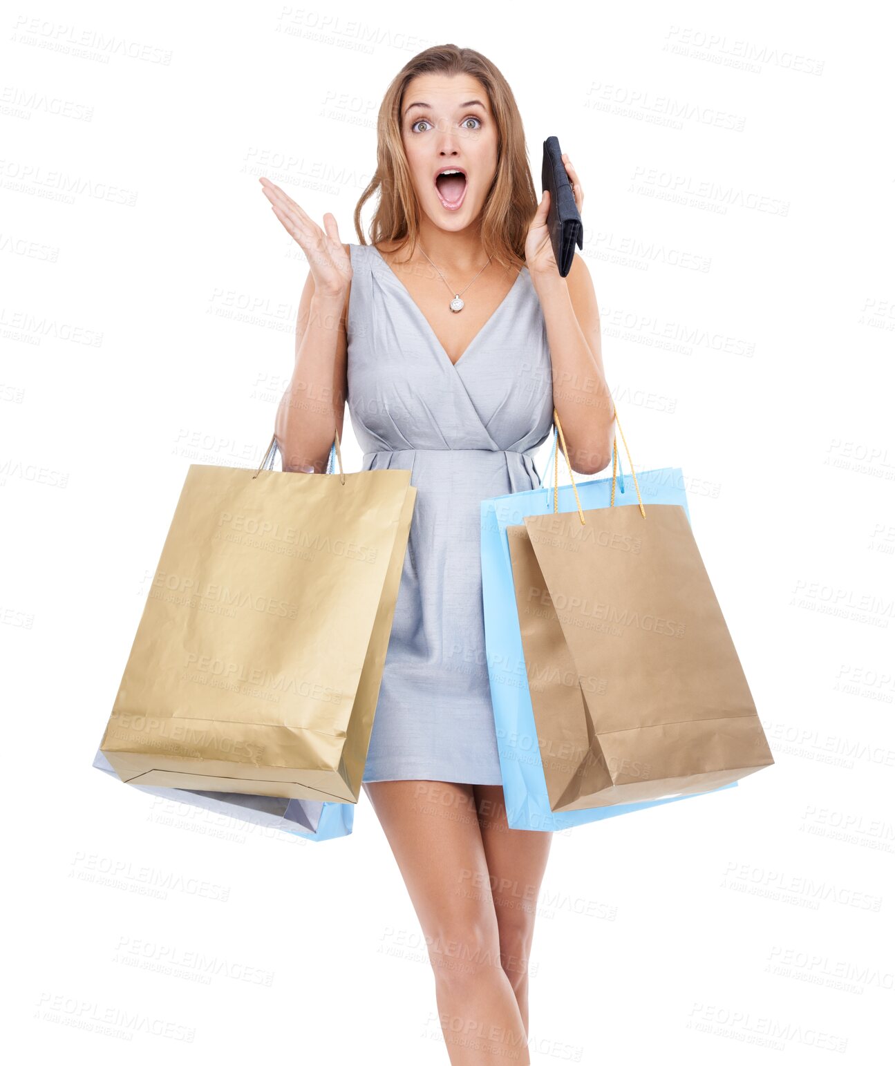 Buy stock photo Woman, shopping bags and wallet in wow surprise for prize standing. Happy attractive female shopper carrying gifts and shocked face for sale, discount or deal isolated on a transparent png background