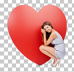 Love, heart and woman with emoji shape for valentines day with an object or romantic product. Portrait, sign and icon by female happy, smile and symbol for care isolated on a png background