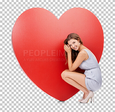 Buy stock photo Love, heart and woman with emoji shape for valentines day with object or romantic product. Portrait, sign and icon by female happy, smile and symbol for care isolated on a transparent png background