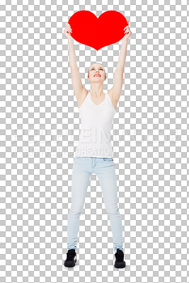 Buy stock photo Woman, studio and holding cardboard heart with happiness for valentines day celebration. Model, excited and smile with poster for romance, love and dating  isolated on a transparent png background