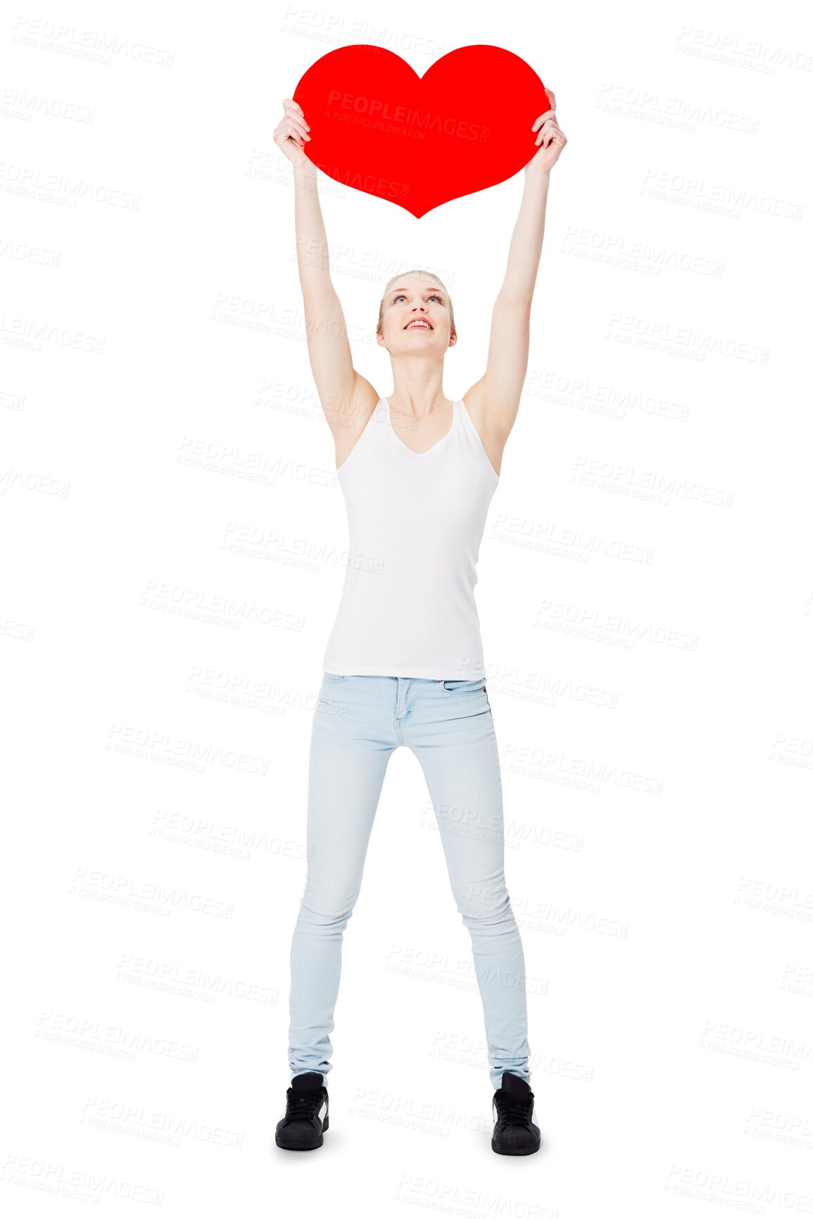 Buy stock photo Woman, studio and holding cardboard heart with happiness for valentines day celebration. Model, excited and smile with poster for romance, love and dating  isolated on a transparent png background