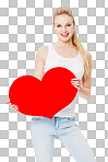 Valentines day, portrait and woman with a heart in a studio with a smile for a romantic gesture. Happiness, excited and female model from Australia holding a love shape isolated on a png background