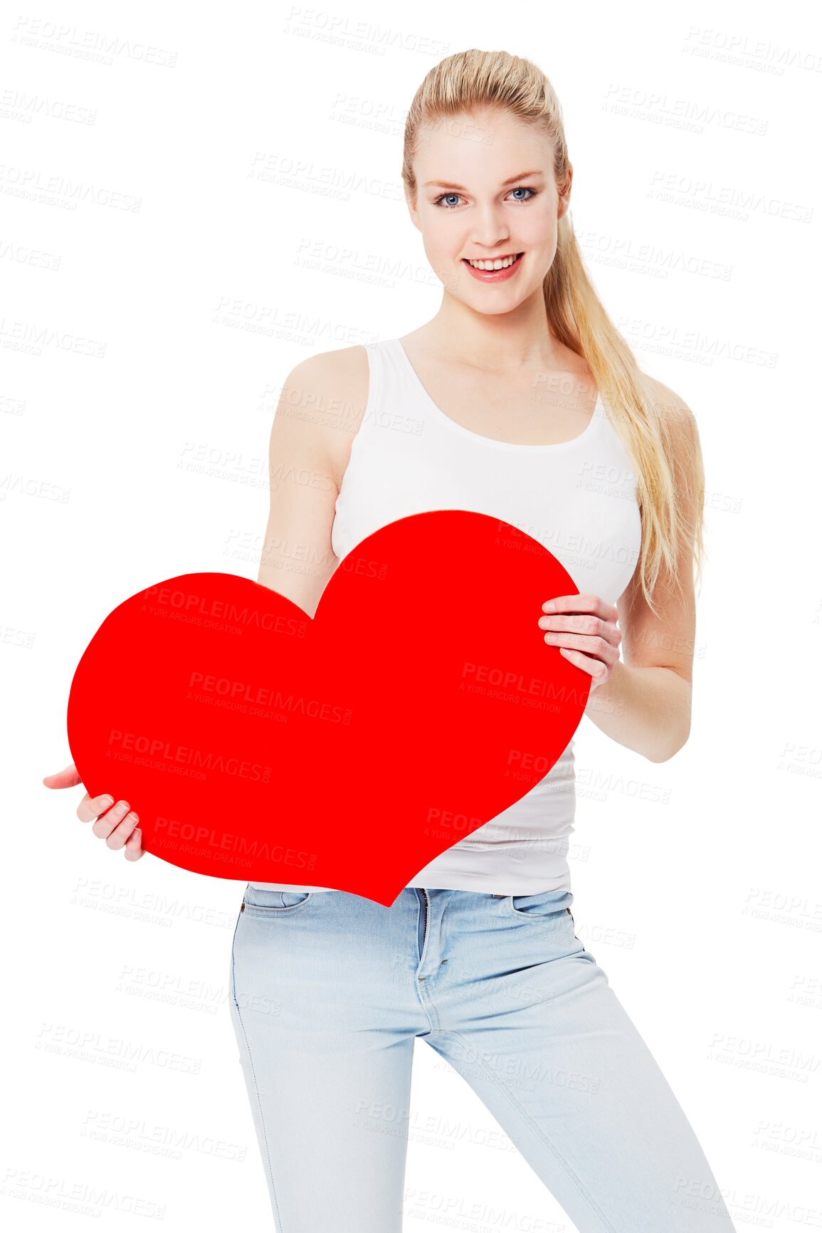 Buy stock photo Valentines day, portrait and woman with heart in studio with smile for romantic gesture. Happiness, excited and female model from Australia holding love shape isolated on a transparent png background