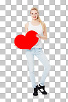 Portrait, heart and valentines day with a woman for love, dating or romance. Red, date and romantic with a female holding an emoji, icon or symbol on blank space isolated on a png background