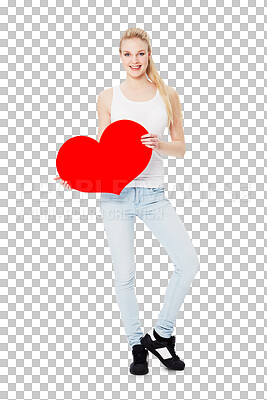 Buy stock photo Portrait, heart and valentines day with a woman for love, dating or romance. Red, date and romantic female holding an emoji, icon or symbol on blank space isolated on a transparent png background