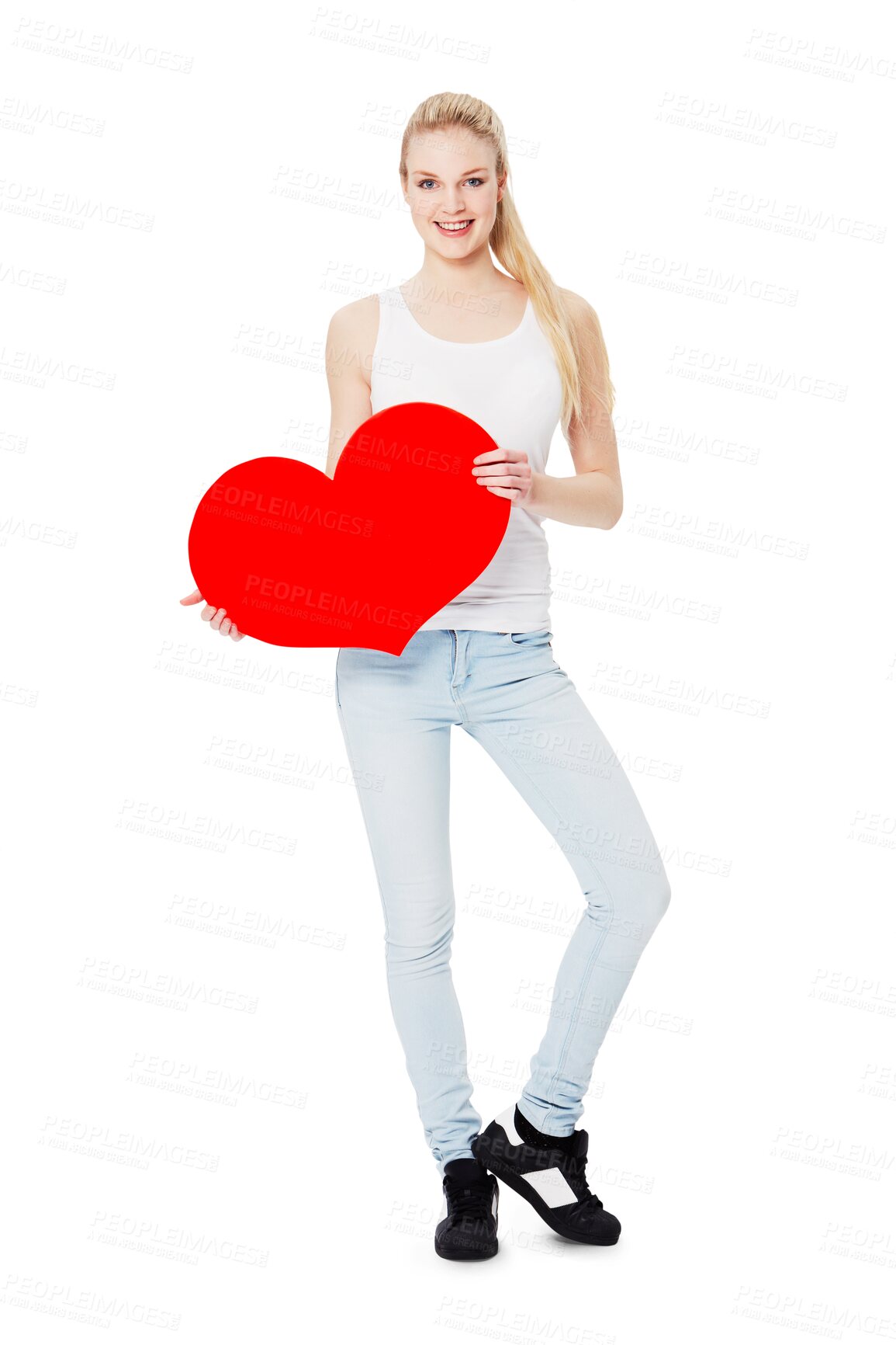 Buy stock photo Portrait, heart and valentines day with a woman for love, dating or romance. Red, date and romantic female holding an emoji, icon or symbol on blank space isolated on a transparent png background