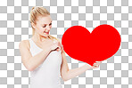 Valentines day, happy and woman with a heart with a smile for a romantic gesture. Happiness, excited and female model from Australia holding a love shape isolated on a png background