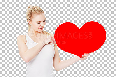 Buy stock photo Valentines day, happy and woman with a heart with a smile for a romantic gesture. Happiness, excited and female model from Australia holding a love shape isolated on a transparent png background