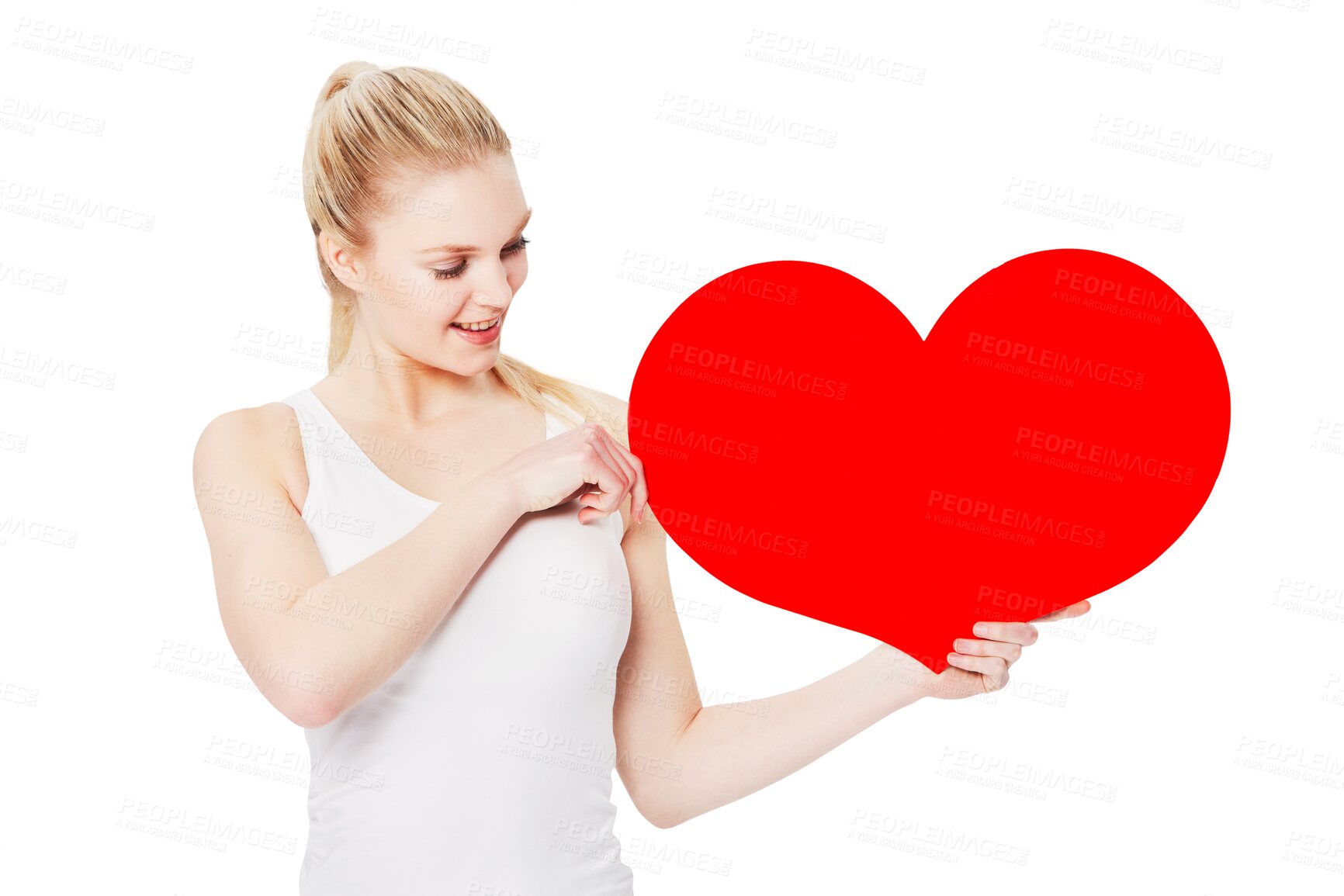 Buy stock photo Valentines day, happy and woman with a heart with a smile for a romantic gesture. Happiness, excited and female model from Australia holding a love shape isolated on a transparent png background